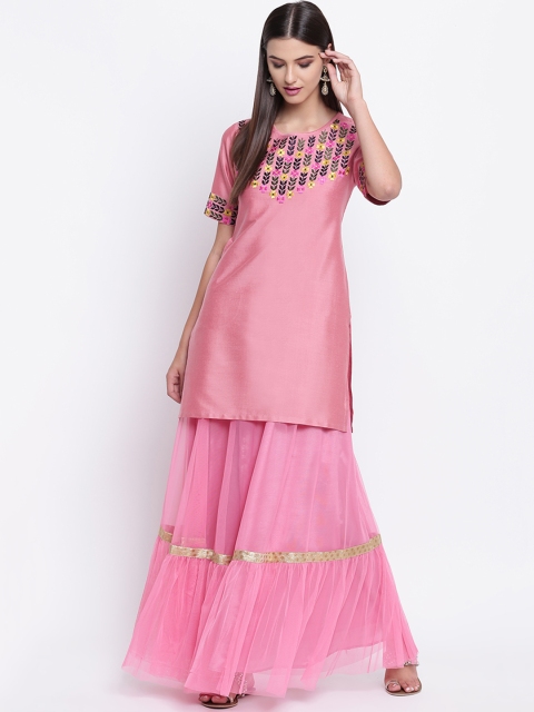 

Shakumbhari Women Pink Embroidered Kurta with Skirt