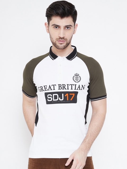 

Duke Men White & Olive Green Printed Polo Collar T-shirt