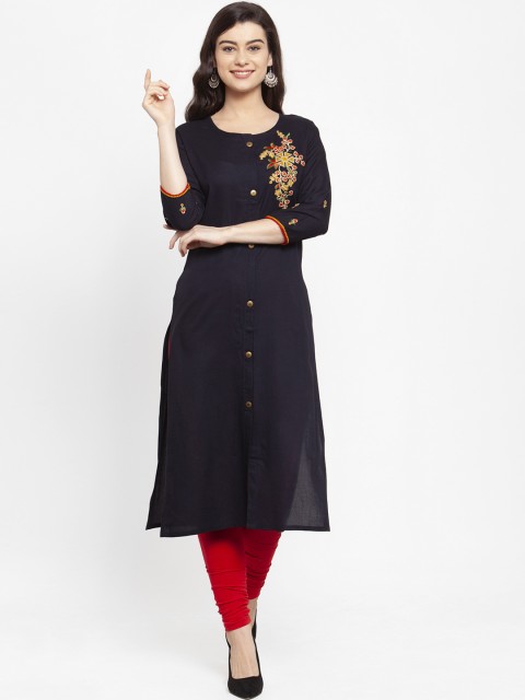 

ANAISA Women Black Embroidered Straight Kurta