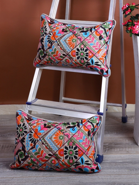 

eyda Beige & Orange Set of 2 Embroidered Rectangle Cushion Covers