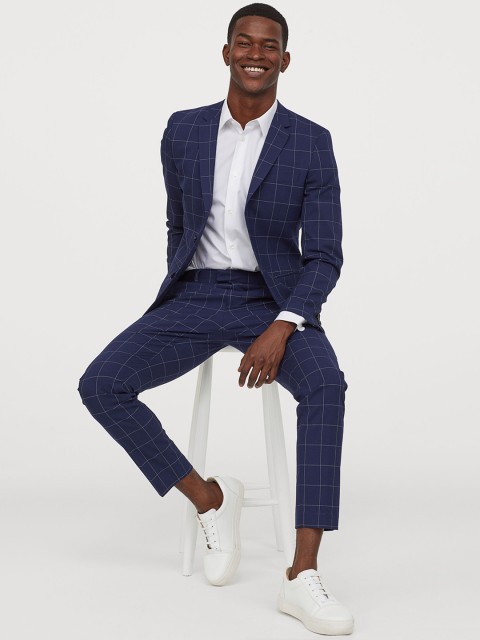 

H&M Men Navy Blue & White Checked Suit Trousers Skinny Fit