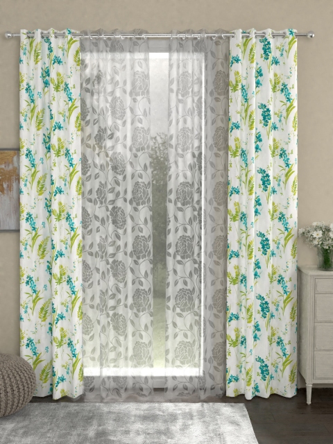 

ROSARA HOME Teal Blue & White Set of 4 Door Curtains