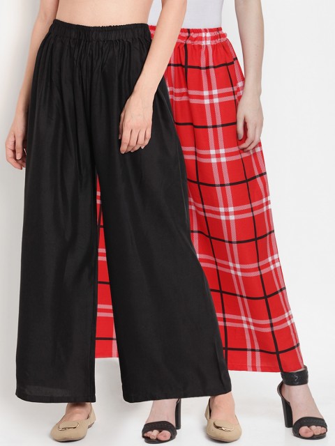

TAG 7 Women Pack Of 2 Black & Red Checked Flared Palazzos
