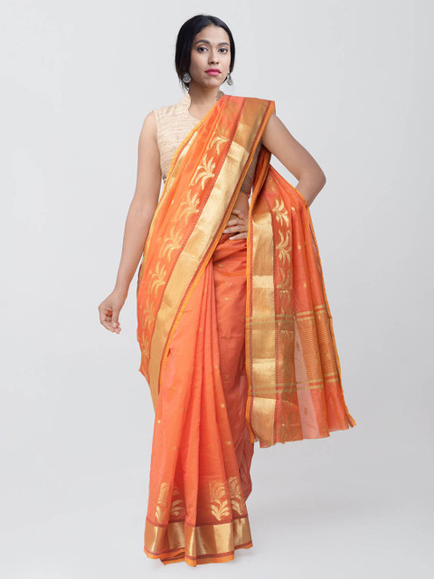 

Unnati Silks Orange & Gold-Toned Silk Cotton Woven Design Kanjeevaram Saree