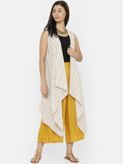 

De Moza Women Off-White & Grey Striped Open Front Shrug