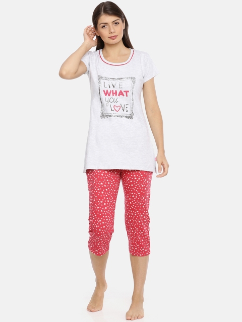 

Red Rose Women White & Red Printed Night Suit