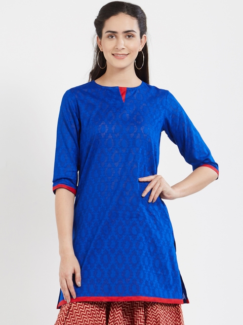 

Desi Weavess Women Blue Woven Design Jacquard Straight Kurti