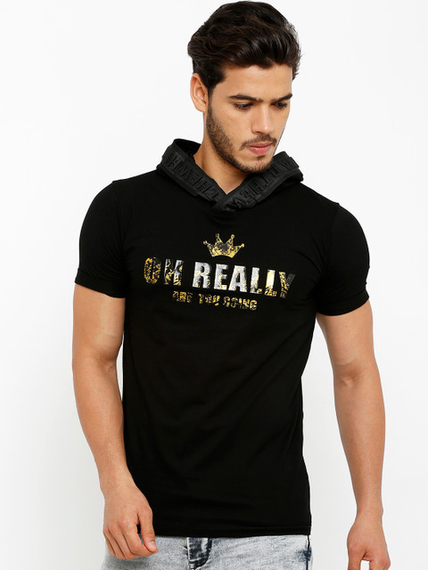 

Rex Straut Jeans Men Black & Gold-Coloured Printed Hooded T-shirt