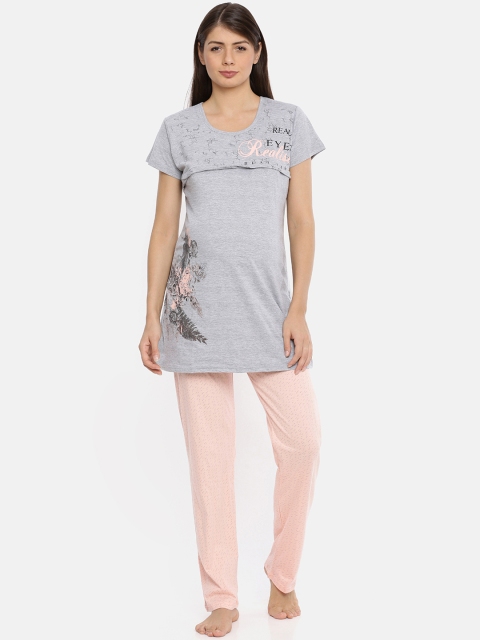 

Red Rose Women Grey Melange & Peach-Coloured Printed Night suit
