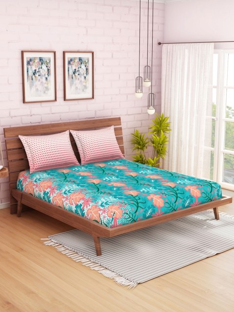 Sea Green & Peach-Coloured Floral 144 TC Cotton 1 Queen Bedsheet with 2 Pillow Covers