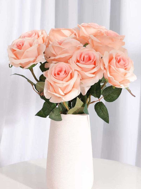 

Art Street Set Of 10 Peach-Coloured & Green Artificial Roses Flowers