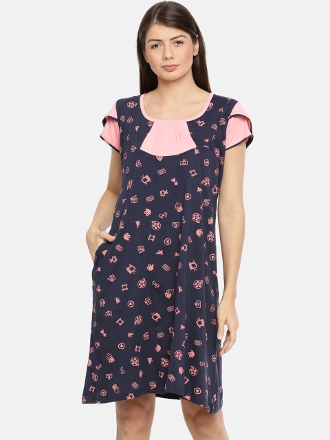 

Red Rose Navy Blue & Pink Printed Nightdress