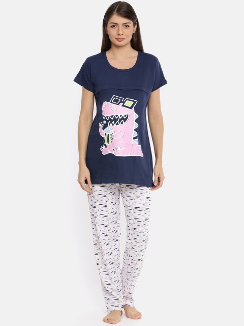 

Red Rose Women Navy Blue & White Printed Maternity Night suit