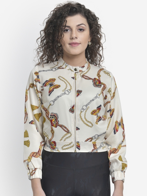 

Martini Women Off-White & Brown Printed Lightweight Bomber Jacket
