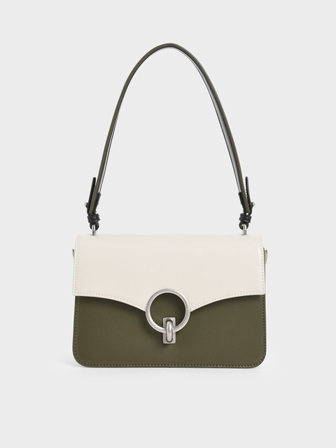 

CHARLES & KEITH Olive Green & Off-White Colourblocked Sling Bag