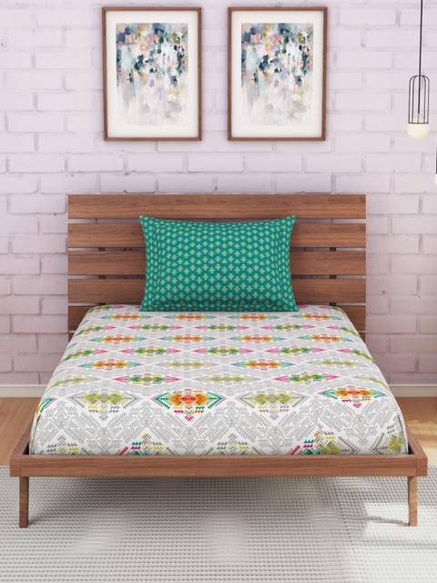 

SPACES Off-White & Grey Abstract 144 TC Cotton 1 Single Bedsheet with 1 Pillow Covers