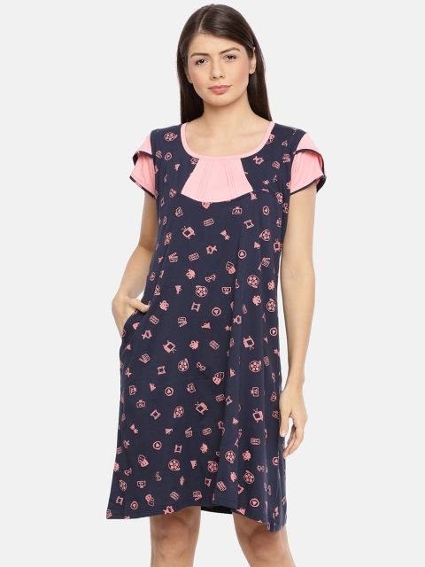 

Red Rose Navy Blue & Pink Printed Nightdress