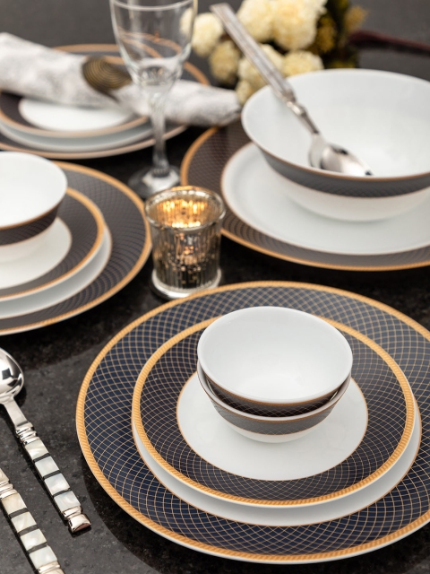 

Laopala White & Navy blue Printed Opalware 33 Pieces Dinner Set