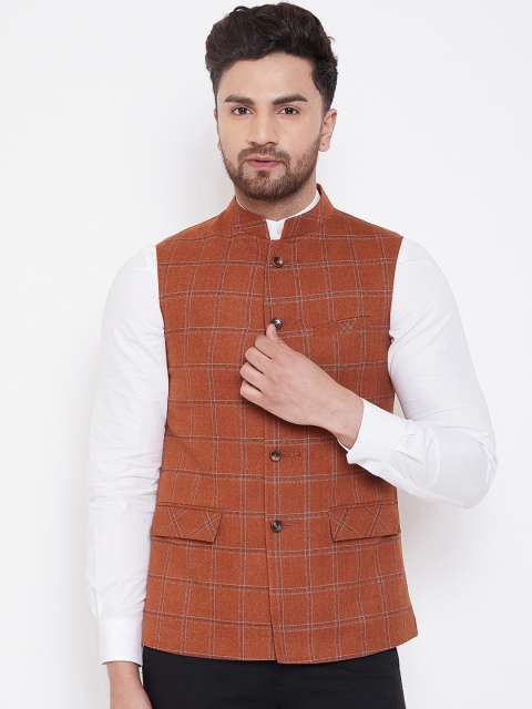 

Spirit Men Rust Brown Checked Woven Nehru Jacket