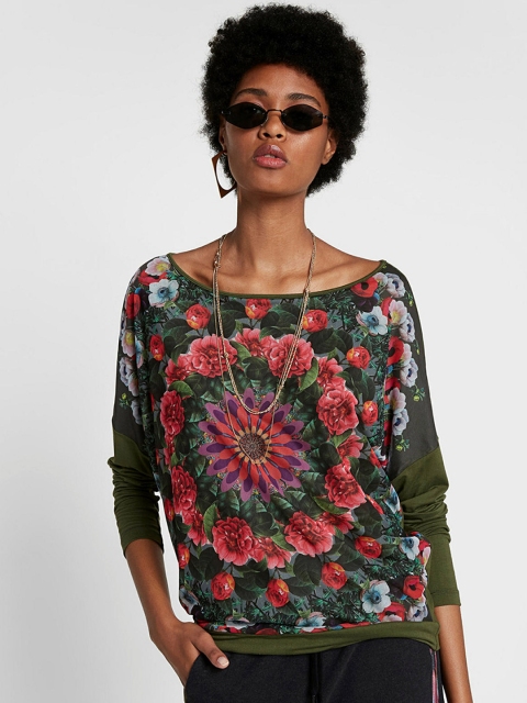 

Desigual Women Olive Green Floral Print Boat Neck Top
