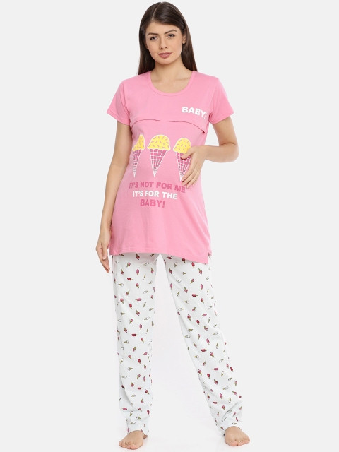 

Red Rose Women Pink & White Printed Maternity Night suit