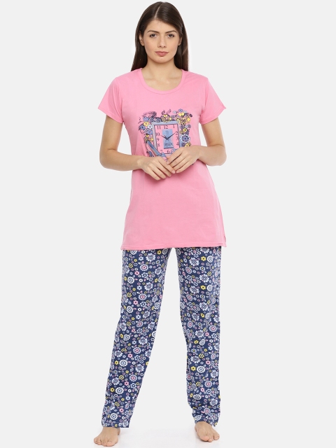 

Red Rose Women Pink & Navy Blue Printed Night Suit