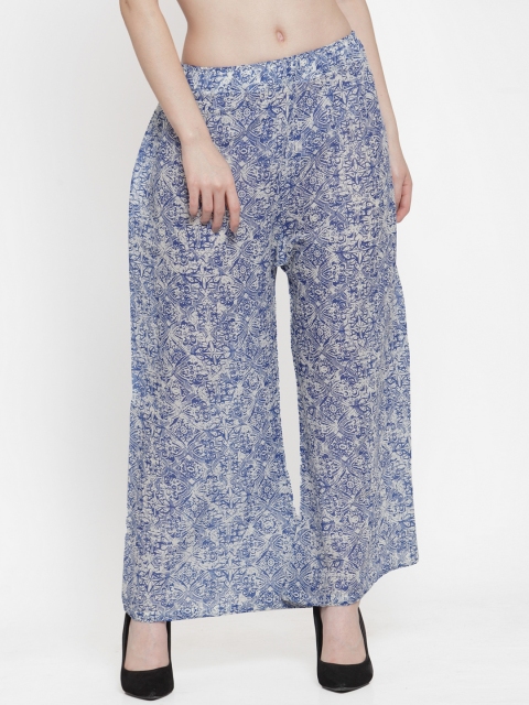 

TAG 7 Women Blue & White Printed Wide Leg Palazzos