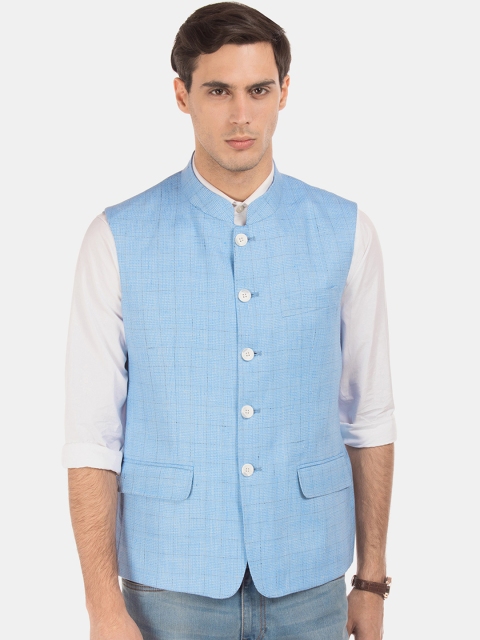 

Arrow Men Blue Woven Design Regular Fit Linen Nehru Jacket