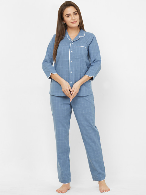 

Mystere Paris Women Blue & White Checked Night suit