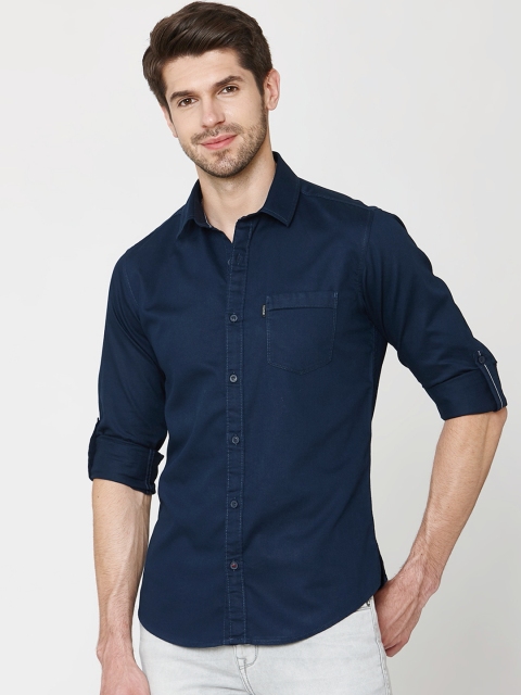 Mufti Men Navy Blue Slim Fit Solid Casual Shirt