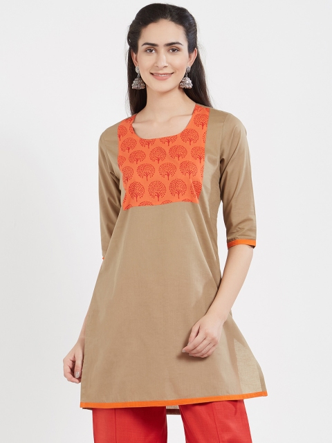 

Desi Weavess Women Khaki & Orange Printed Straight Kurta