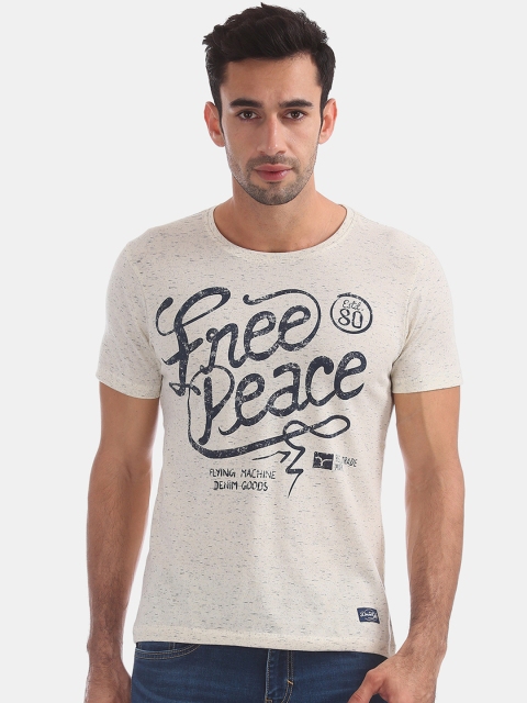 Flying Machine Men White Printed Round Neck T-shirt