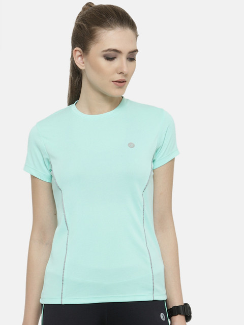 

BUKKUM Women Turquoise Blue Solid Round Neck T-shirt