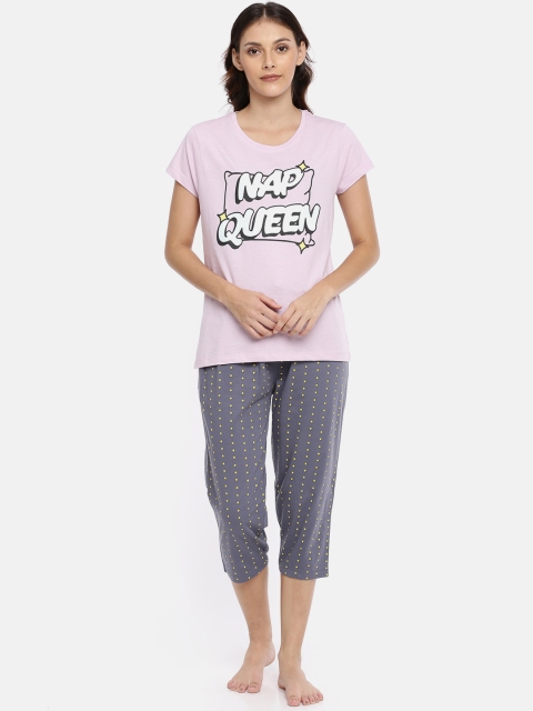 

Ellete Women Pink & Grey Printed Night Suit