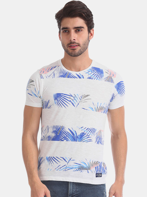

Flying Machine Men White & Blue Tropical Print Round Neck T-shirt