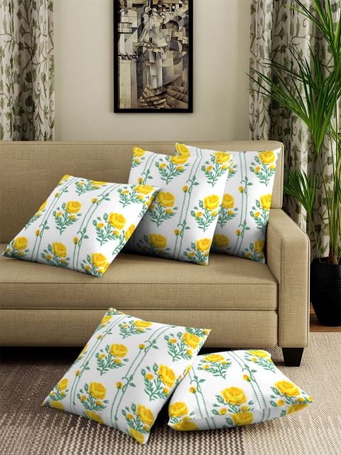 

NEUDIS White & Yellow Set of 5 Floral Square Cushion Covers