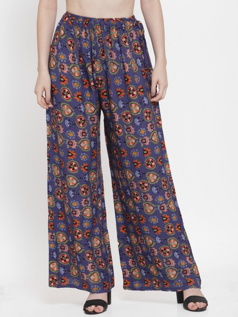 

TAG 7 Women Navy Blue & Green Printed Wide Leg Palazzos