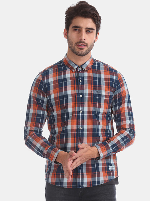 

Flying Machine Men Orange & Navy Blue Regular Fit Checked Casual Shirt