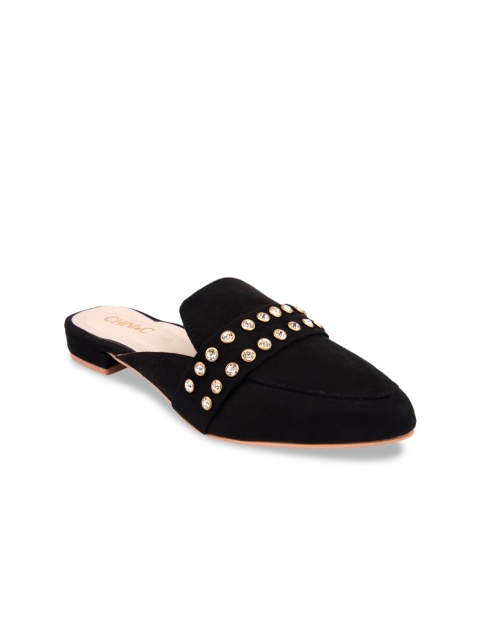 

CHINI C Women Black & Gold-Toned Embellished Leather Mules
