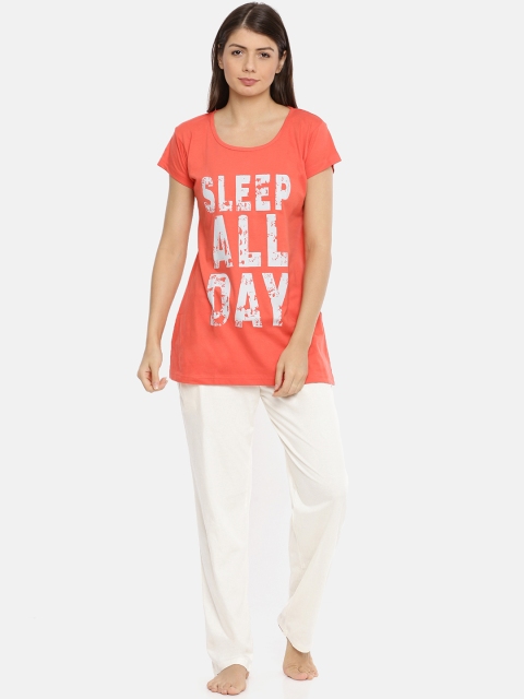 

Red Rose Women Coral Orange & Cream-Coloured Printed Night suit