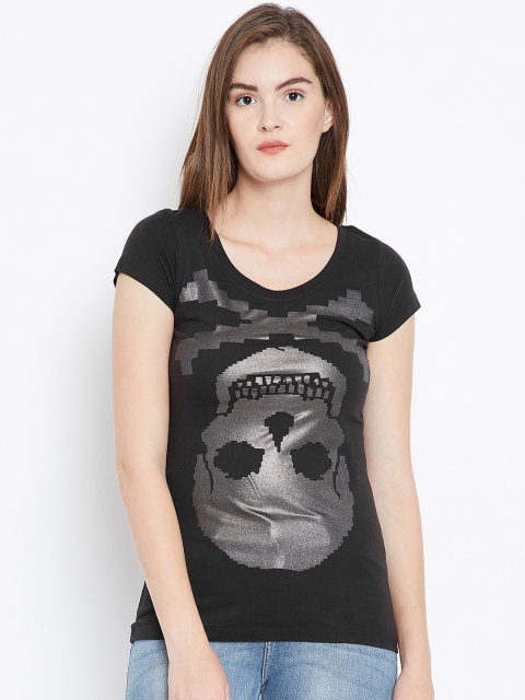 

PUNK Women Black Printed Round Neck T-shirt