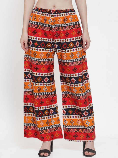 

TAG 7 Women Orange & White Printed Straight Palazzos