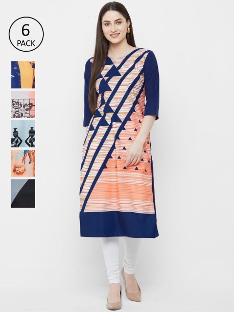 

7Threads Women Pack Of 7 Printed Straight Kurta, Peach