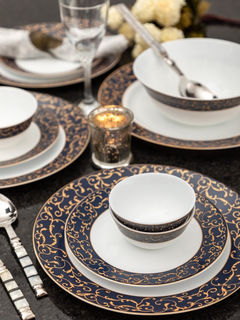 

Laopala White & Navy Blue Set Of 33 Printed Anassa Opalware Dinner Set
