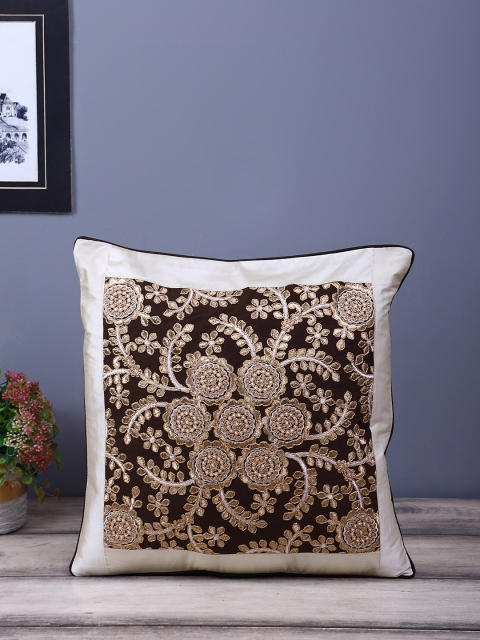 

eyda Coffee Brown & Gold-Toned Set of Single Embroidered Square Cushion Covers
