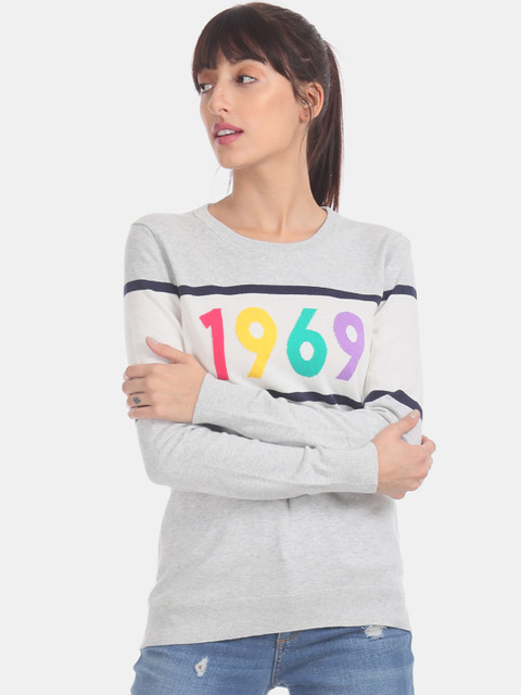 

GAP Women Grey Printed Pullover Sweater