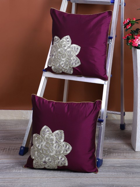 

eyda Purple & Silver-Toned Set of 2 Applique Square Cushion Covers