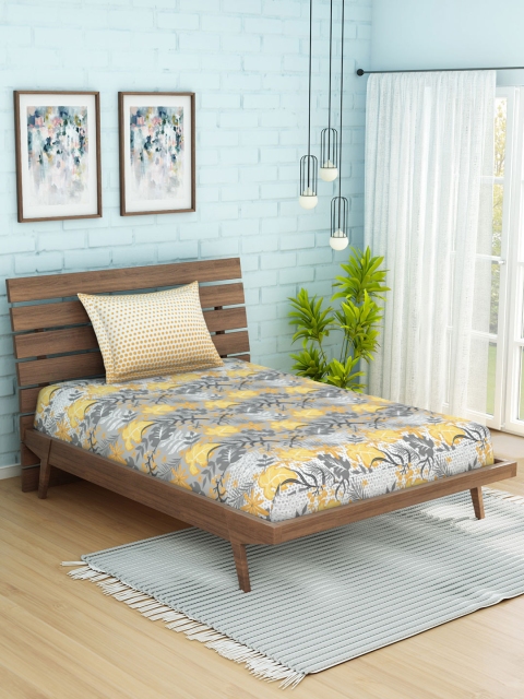 

SPACES Grey & Yellow Floral 144 TC Cotton 1 Single Bedsheet with 1 Pillow Covers