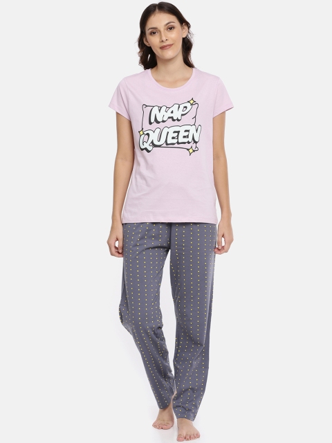 

Ellete Women Pink & Grey Printed Night suit