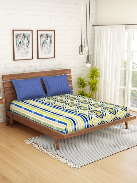 

SPACES Green & Blue Abstract 144 TC Cotton 1 Queen Bedsheet with 2 Pillow Covers